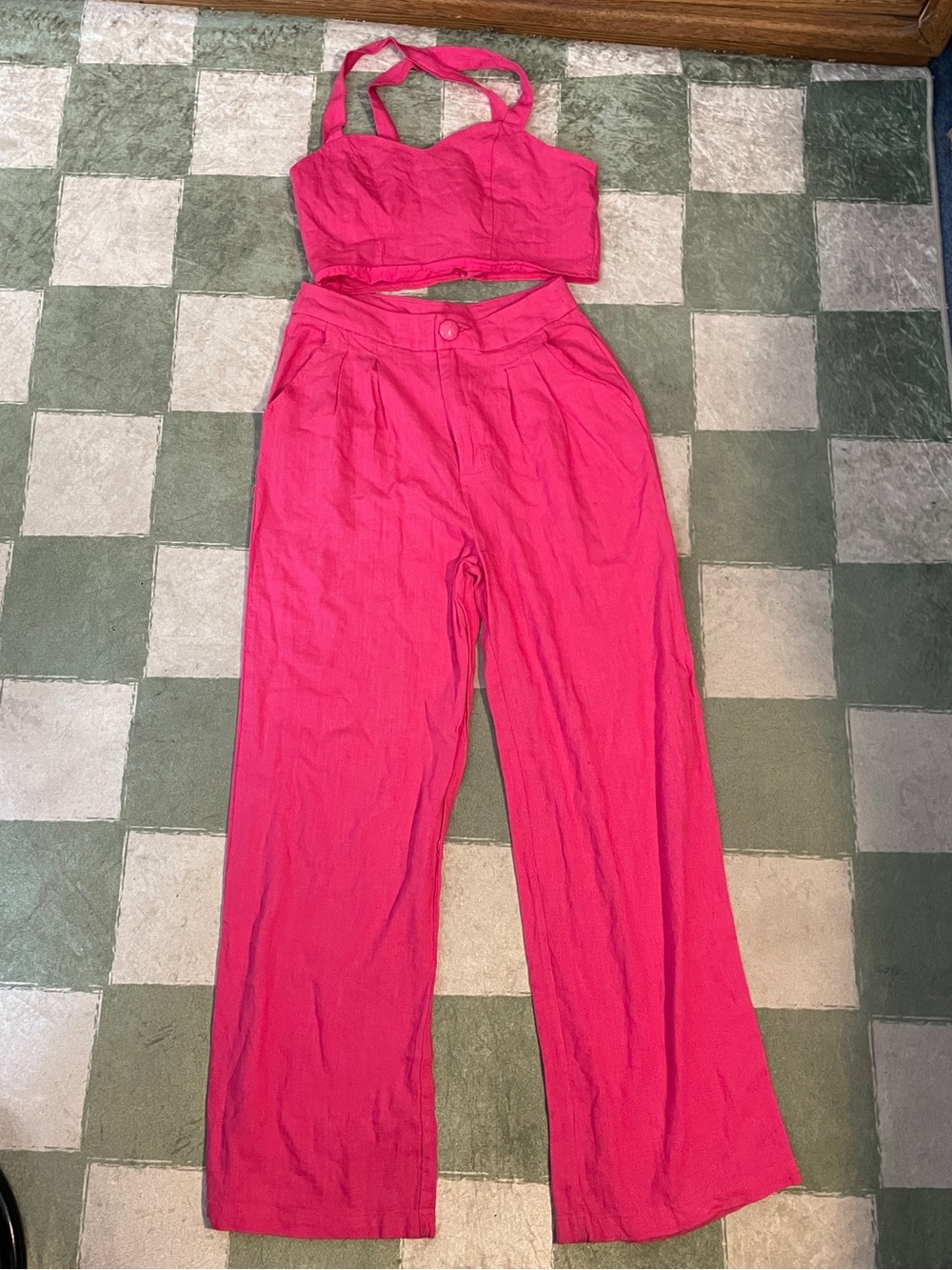 Women’s High-Waist Wide-Leg Pants with Matching Halter Crop Top - Hot Pink